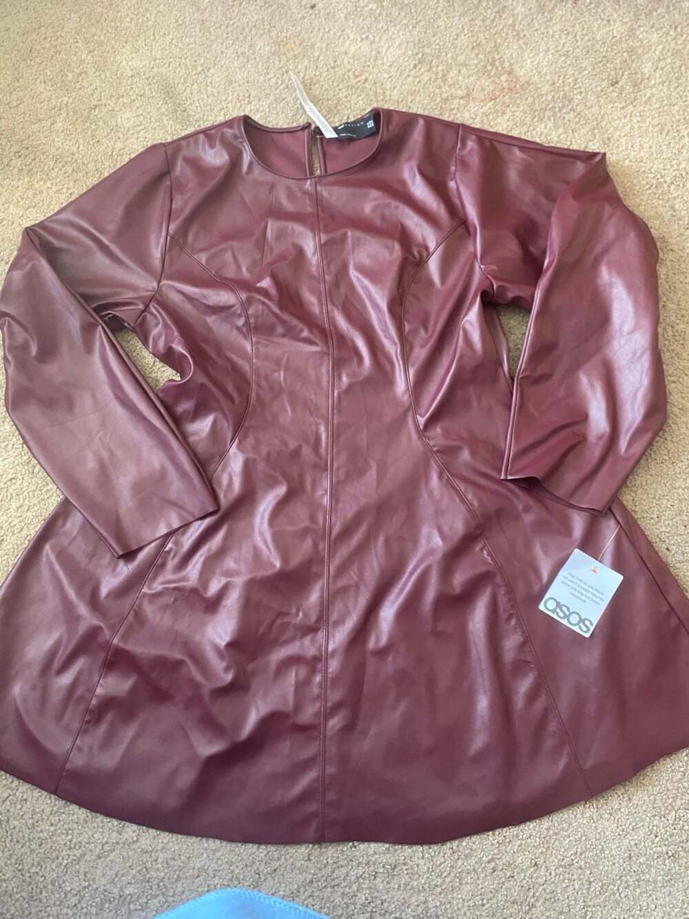 Asos Design Faux Leather Mini Dress Size US 12 Burgundy Red